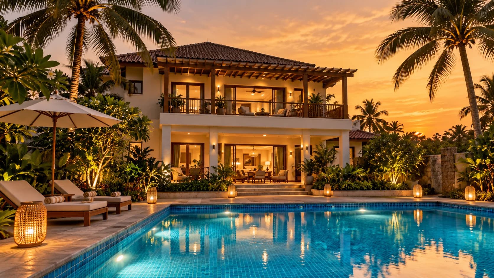 Villa and pool at dusk — AI concept illustration for resort near Veleru, Krishna district